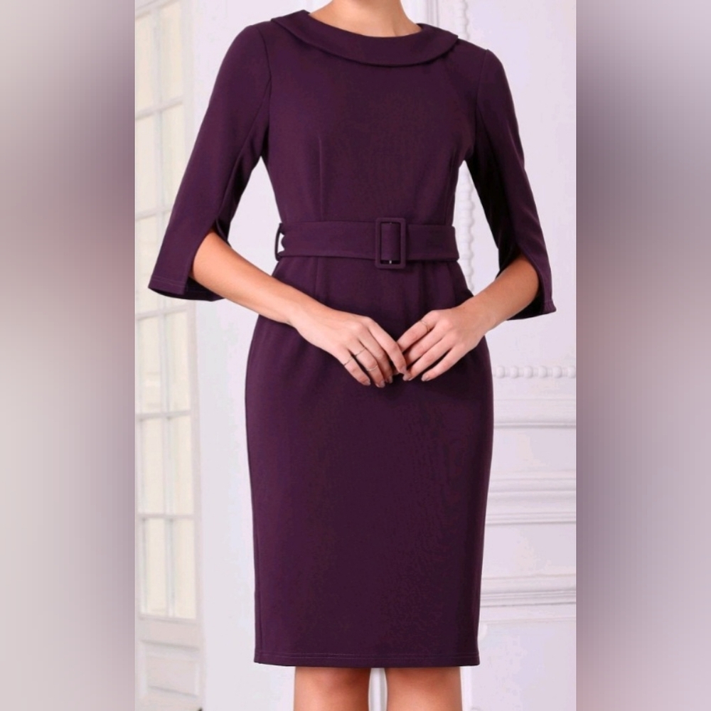 NWT Hobemty Women's Size X-Large Rich Purple Collared Half Sleeve Sheath Dress